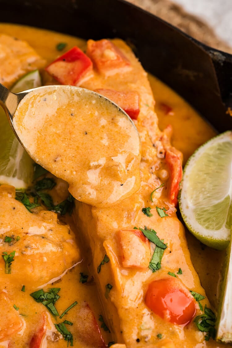 coconut curry salmon spooned sauce