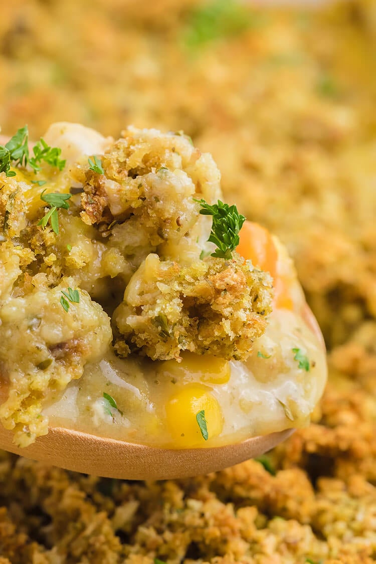 Easy Chicken Stuffing Casserole Close Up