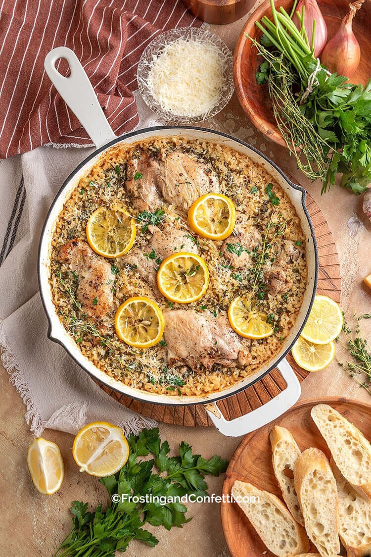 Herbed Lemon Chicken and Rice - One Pot Top View