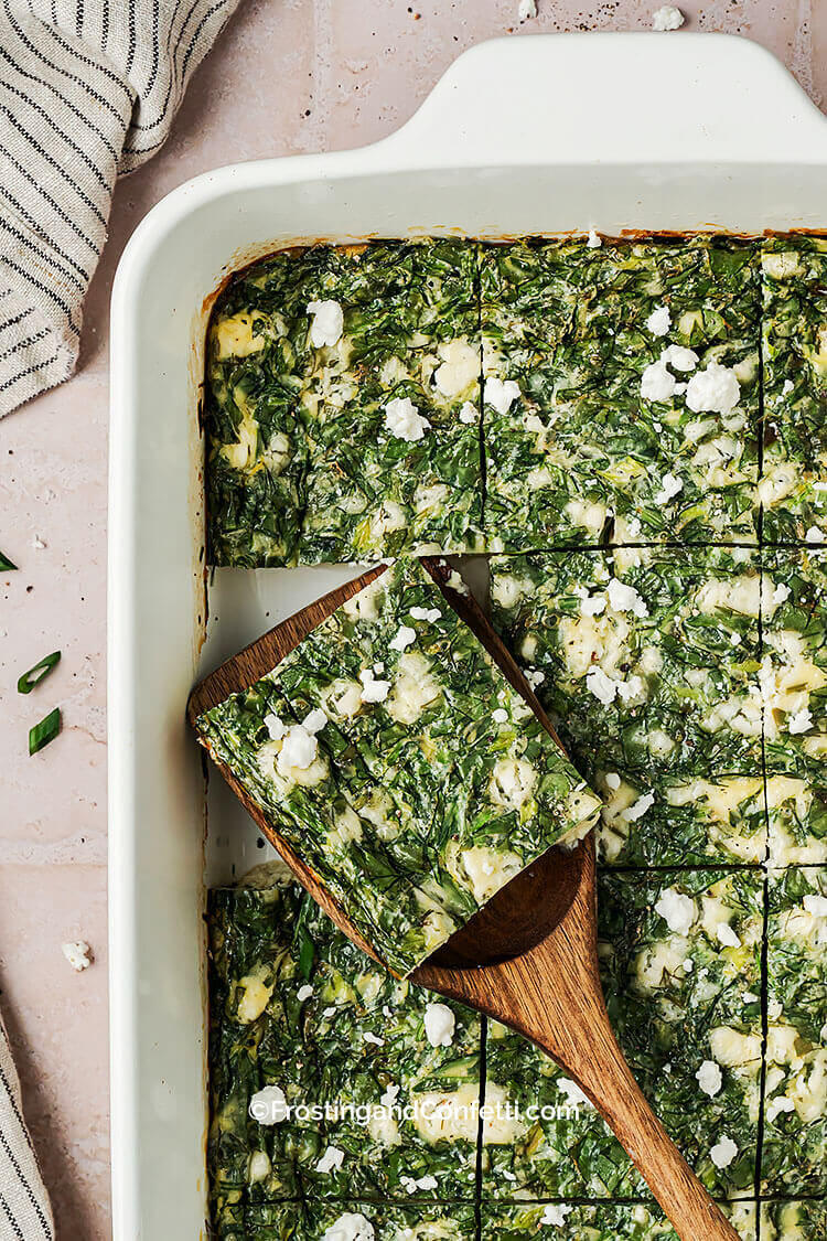 Cottage Cheese Egg Bake Sliced in Baking Dish