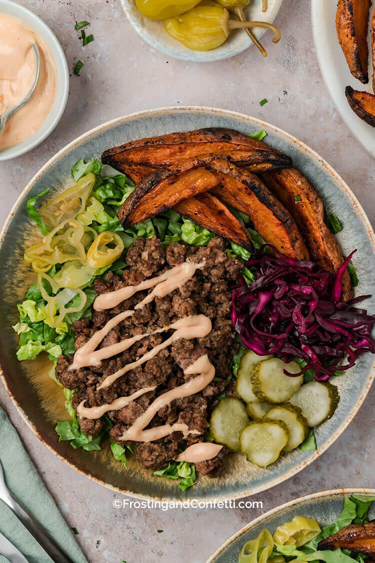 Loaded Burger Bowls with Sweet Potato Wedges Top View