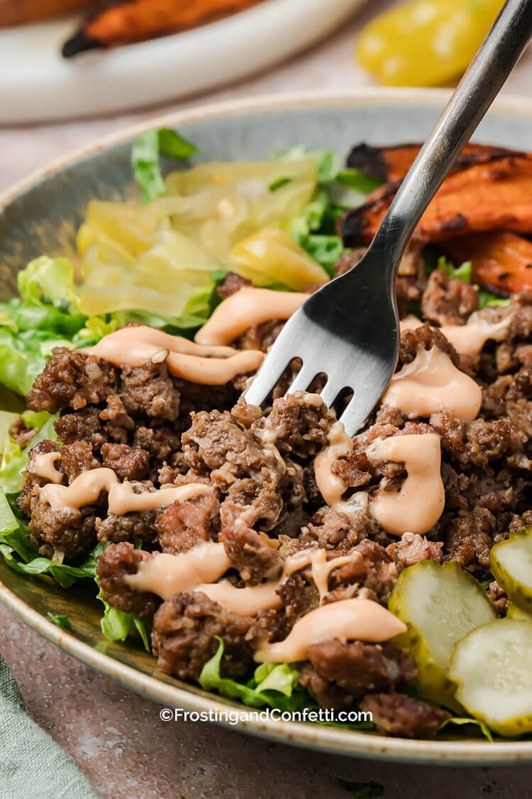 Loaded Burger Bowls with Sweet Potato Wedges Close View