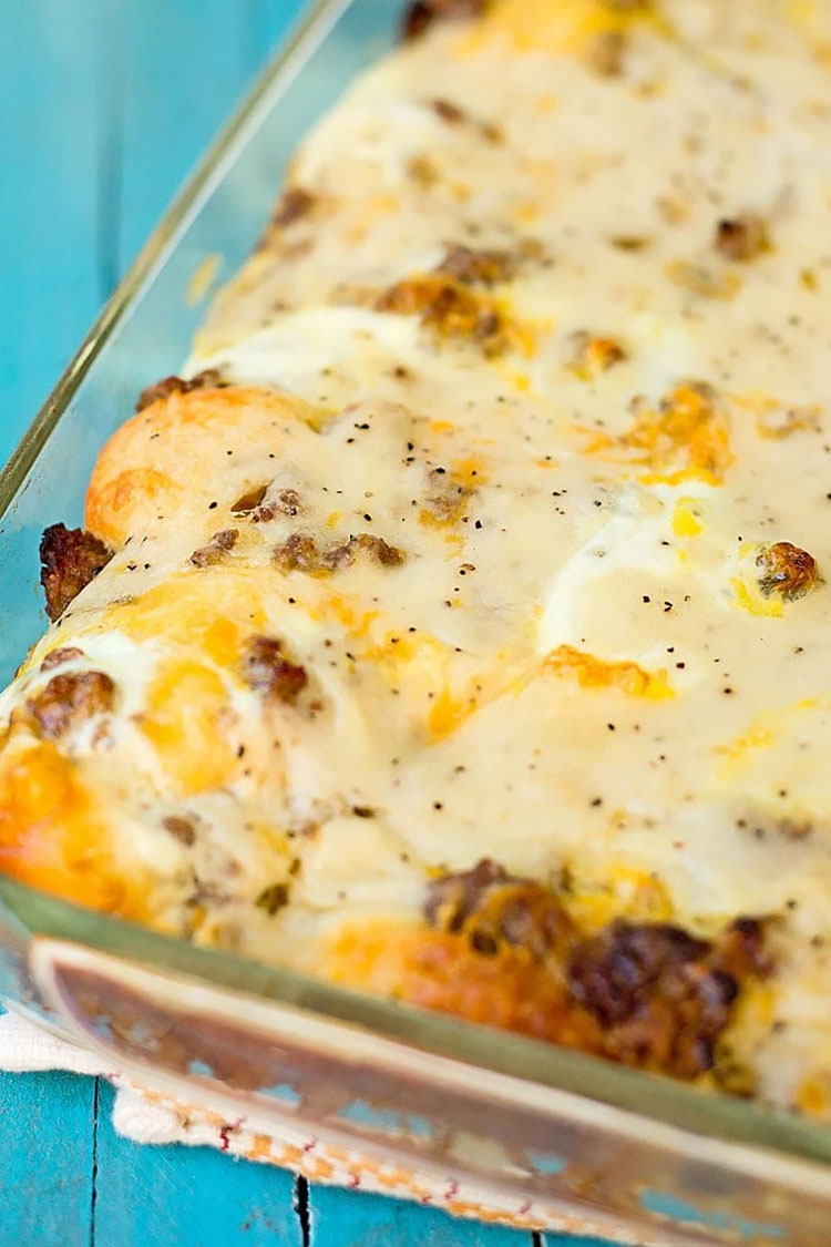 Biscuits and Gravy Casserole with Sausage and Eggs