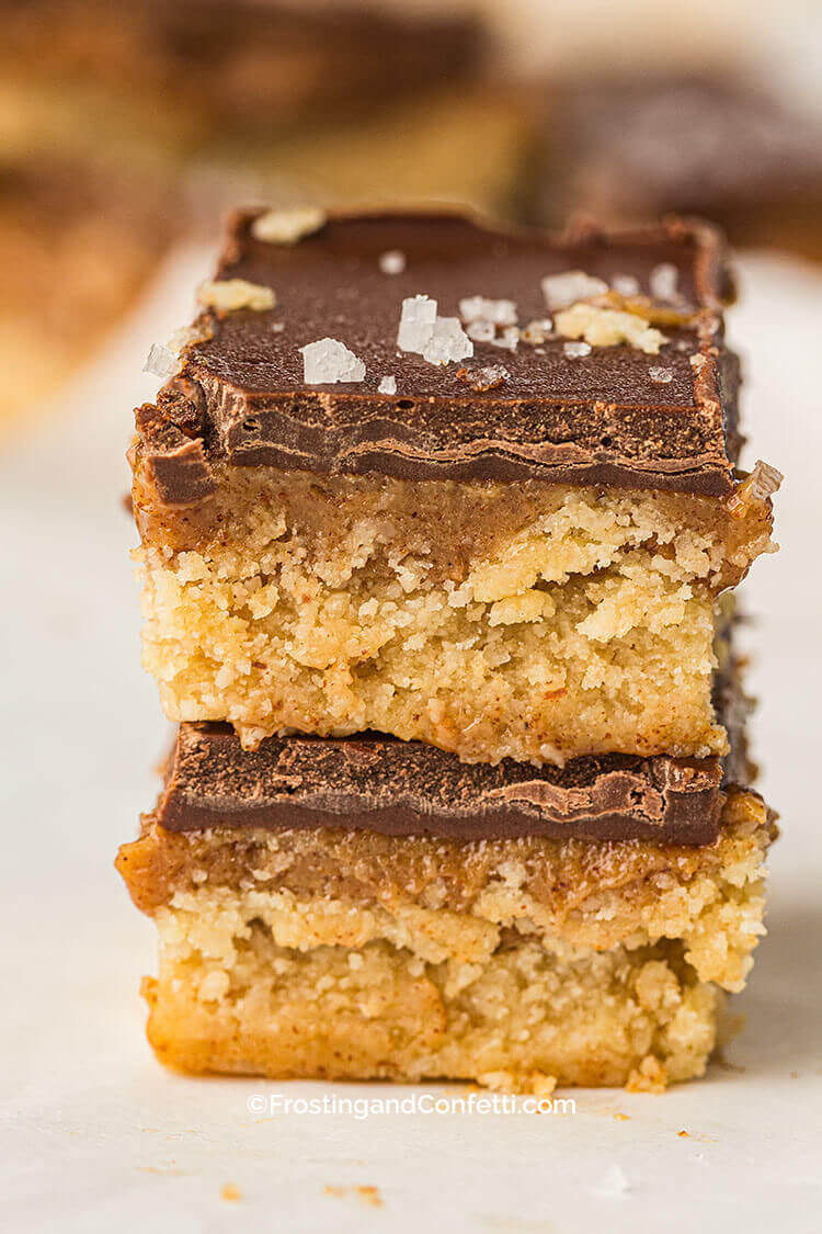 No Bake Chocolate Caramel Bars Stacked