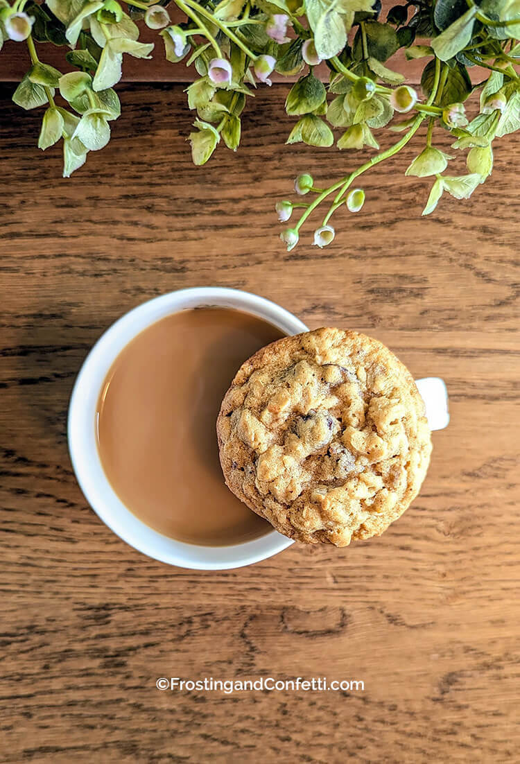 Brown Butter Oatmeal Raisin Cookies on Mug of Coffee