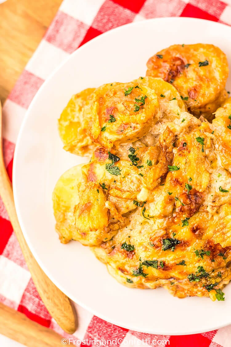 Cheesy French Onion Potato Casserole Close Up View