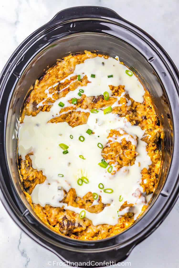 Slow Cooker Queso Steak and Rice in CrockPot