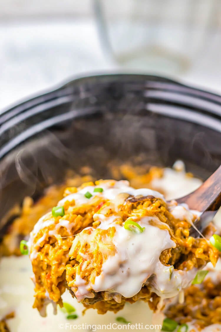 Slow Cooker Queso Steak and Rice Scoped from CrockPot