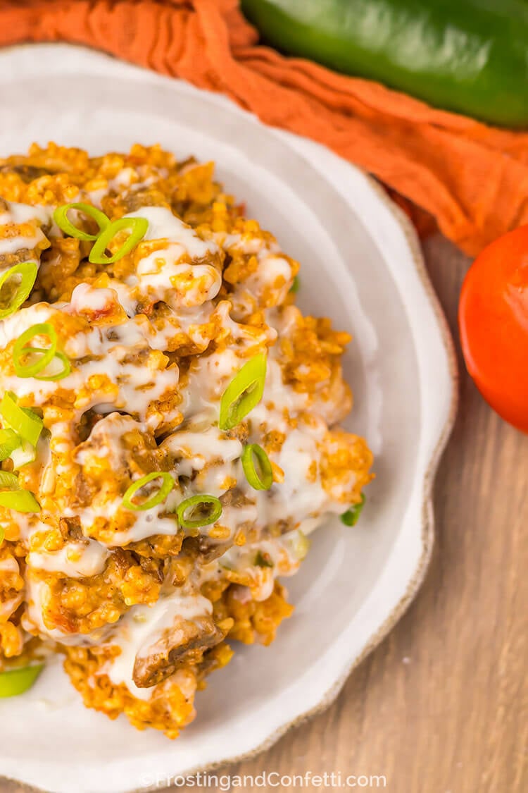 Slow Cooker Queso Steak and Rice Plated and Close Up