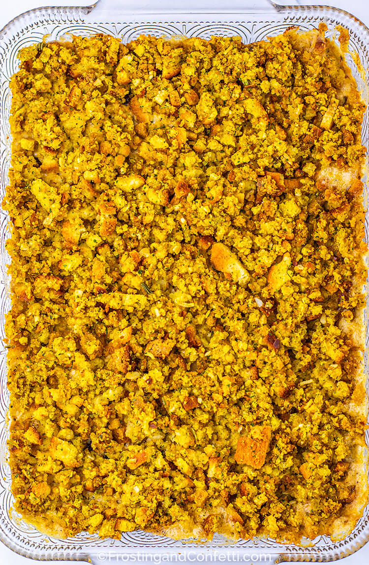 Harvest Chicken and Stuffing Bake in Casserole Dish