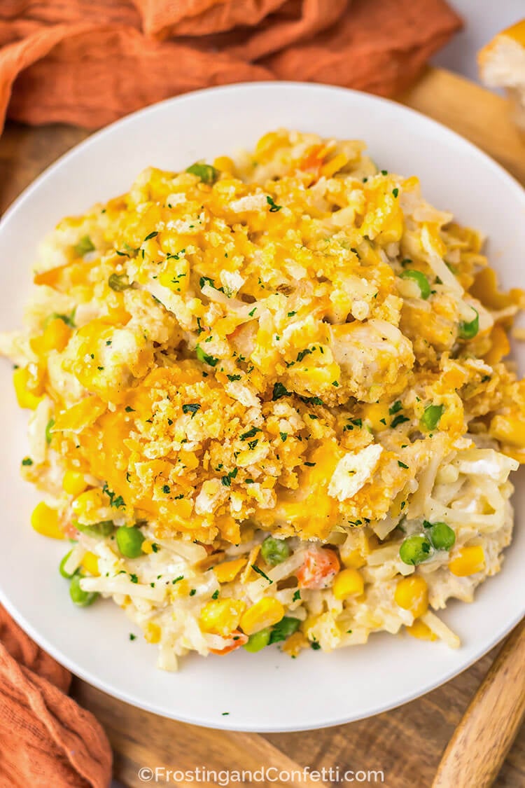 Slow Cooker Chicken Pot Pie Hash Brown Casserole Close View