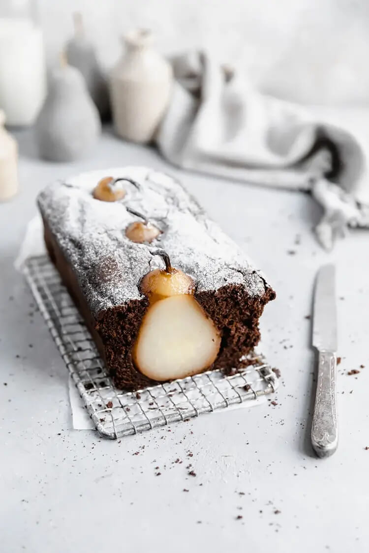 Poached Pear Gingerbread Loaf Cake