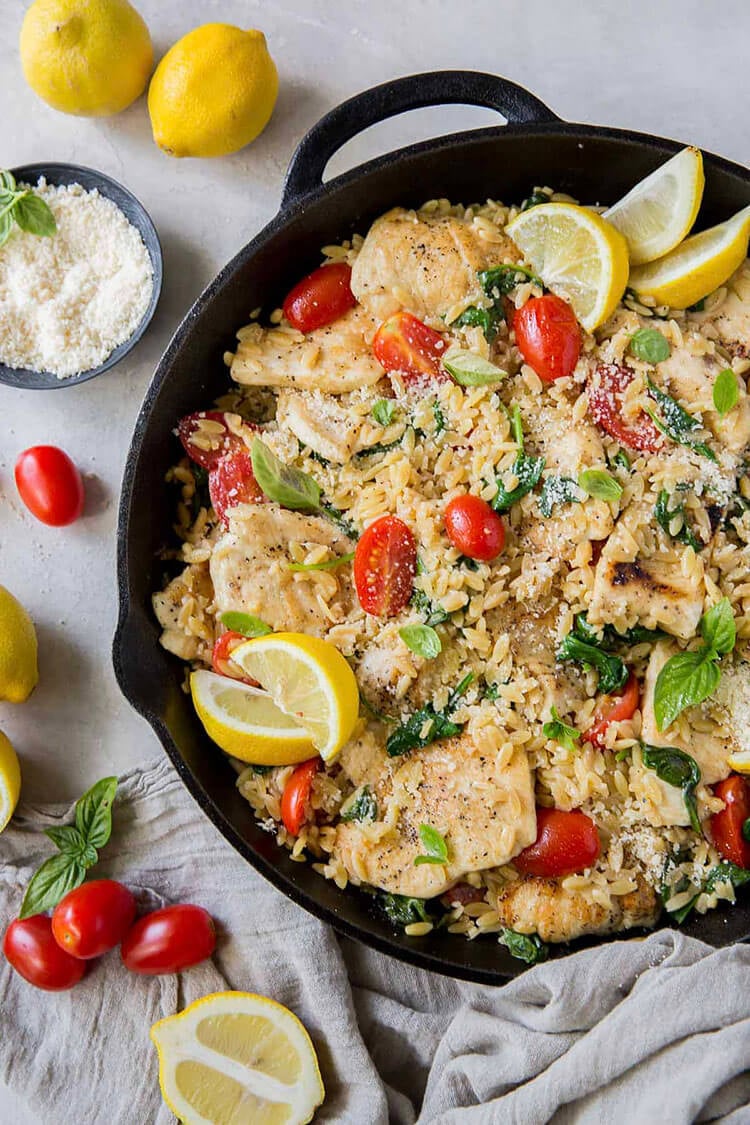 Lemon Chicken and Orzo with Spinach and Tomatoes